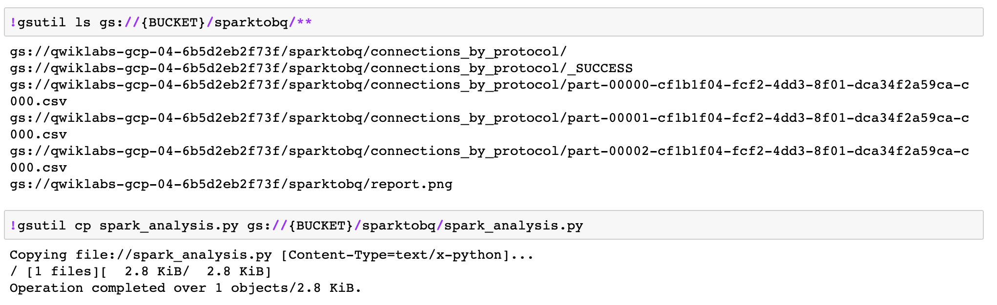 The gsutil ls command's output