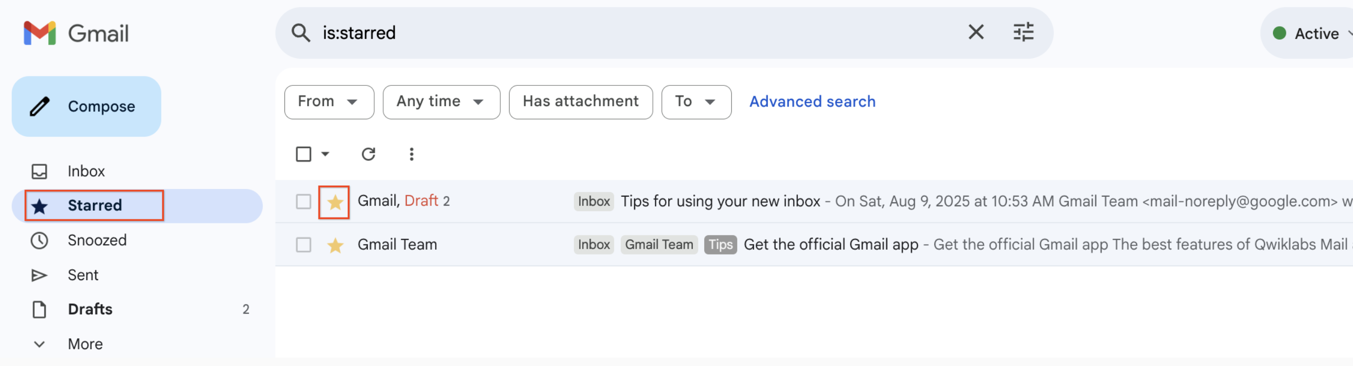The Starred folder location highlighted in Gmail