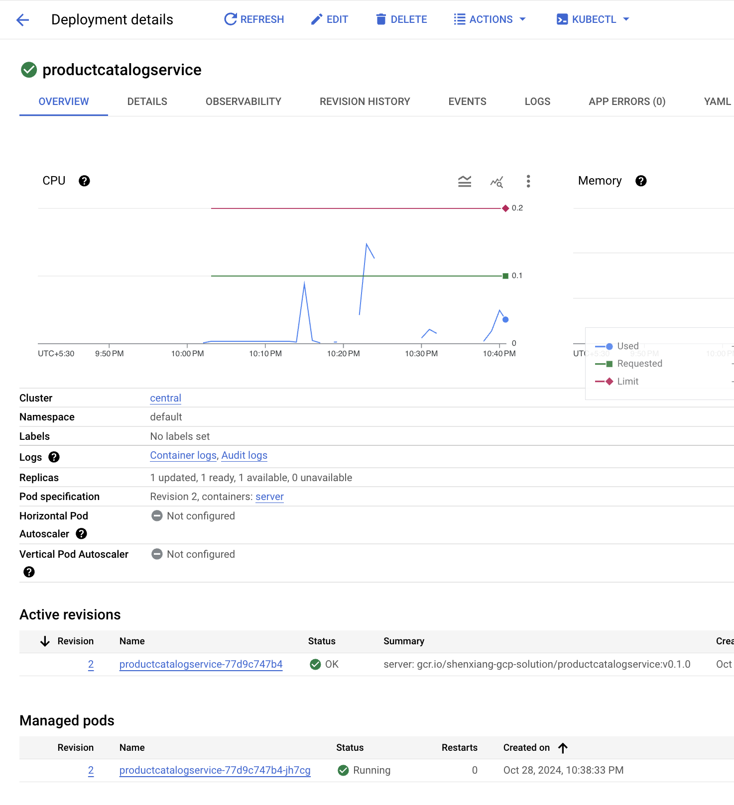 The Deployment details page displaying the highlighted Active revisions section