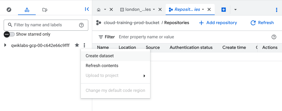 [アクションを表示] アイコンと [データセットを作成] オプションがハイライト表示された BigQuery コンソール