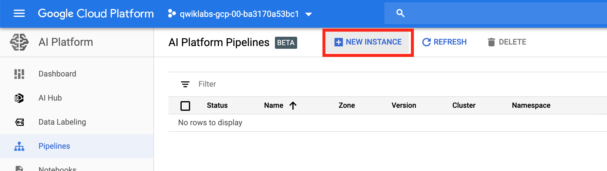 The highlighted New Instances button on the AI Platform Pipelines.