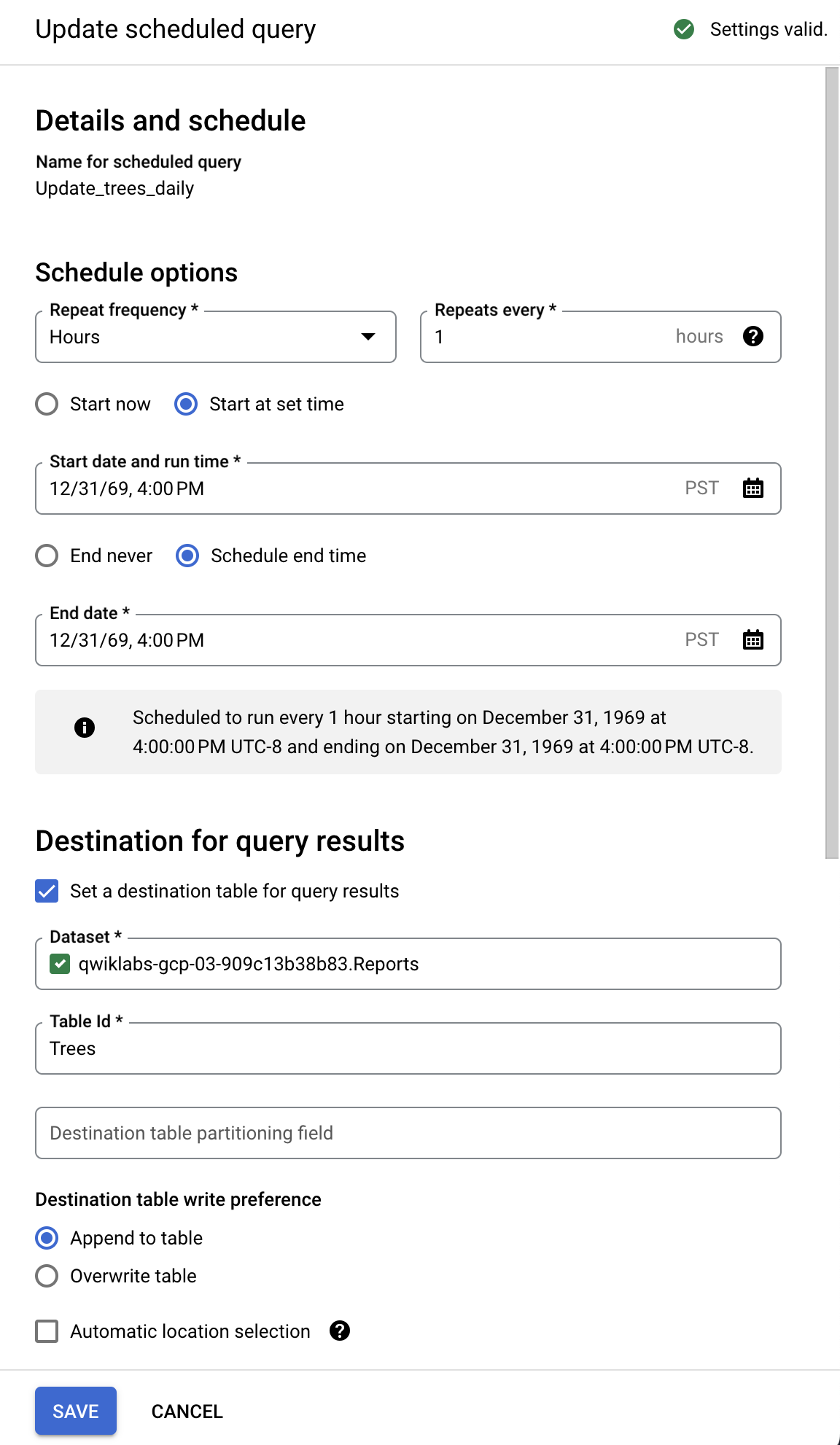 The New Scheduled Query dialog box displaying the updated details