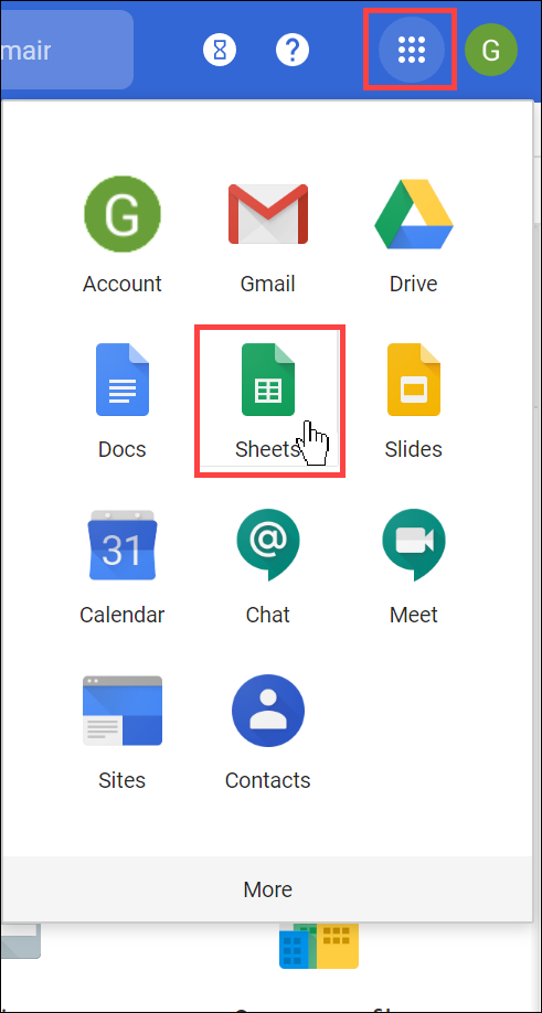 The navigation path to the highlighted Sheets tile.