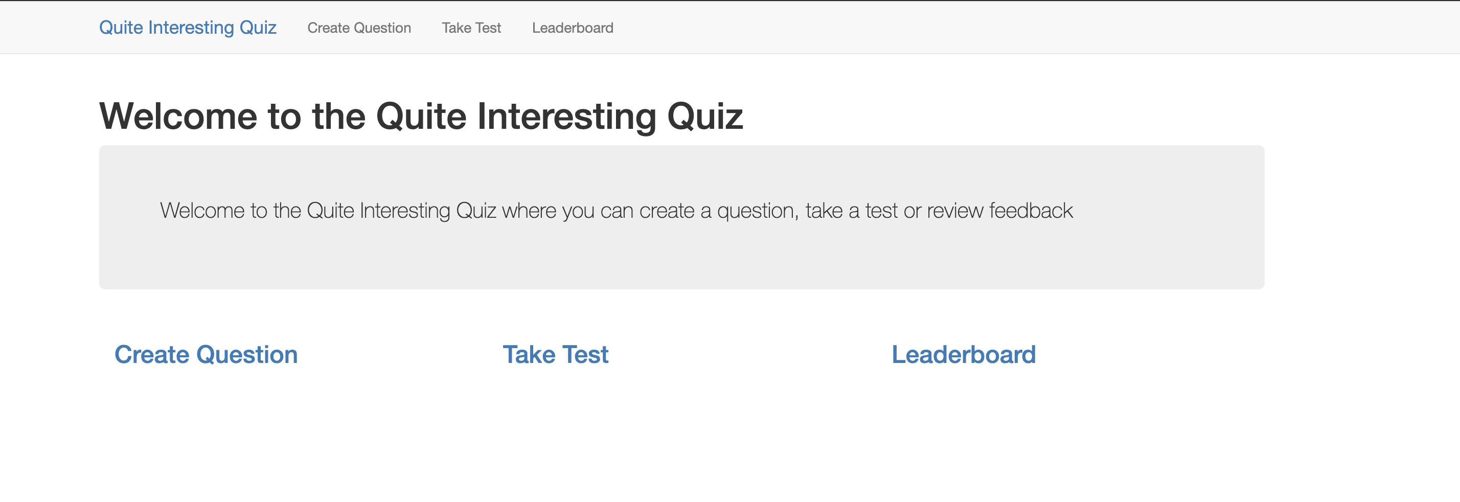 Quite Interesting Quiz page displaying the Create Question, Take Test and Leaderboard links