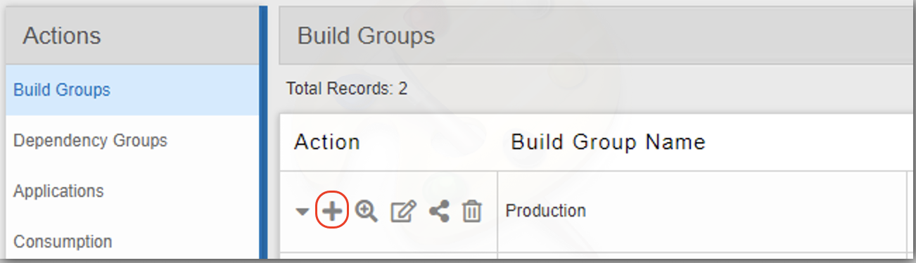 Actions menu pane and Build Groups pane