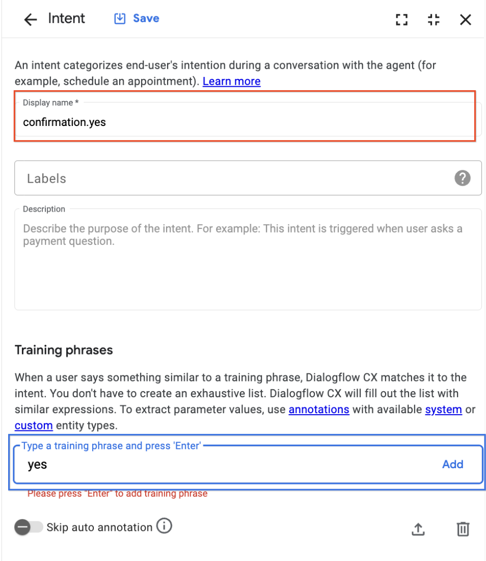 Training phrases section with yes and correct populated in the text field