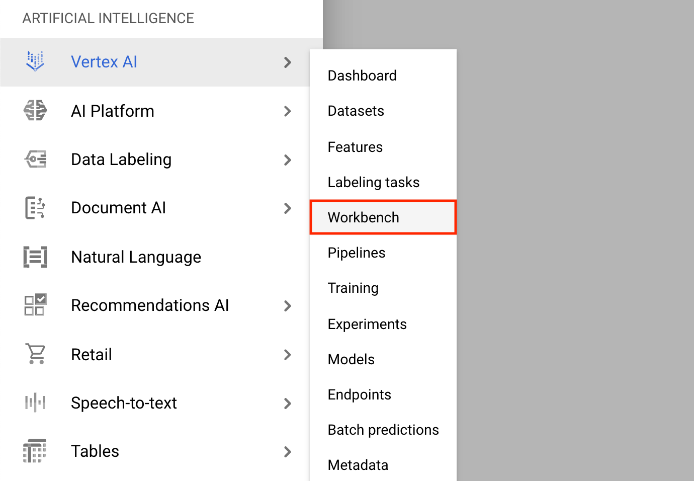 Expanded Navigation menu with Workbench option highlighted