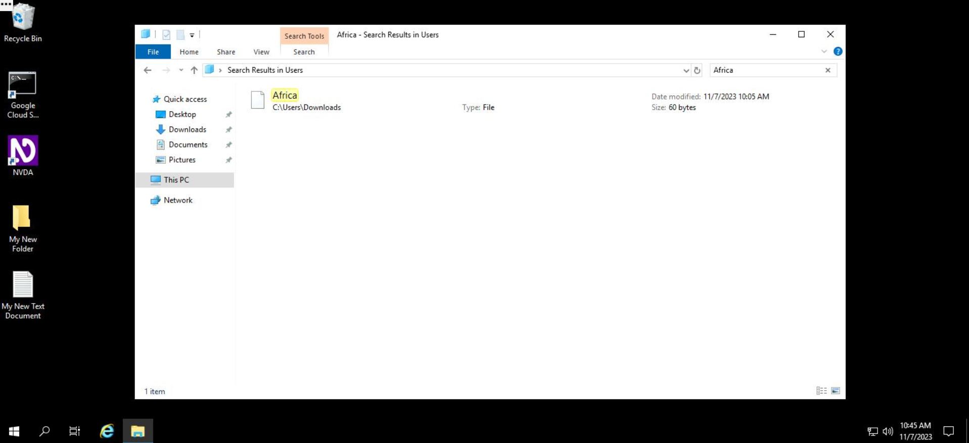 Screenshot of a complete search in File Explorer with the search term "Africa". Search results show two files that contain the search term.
