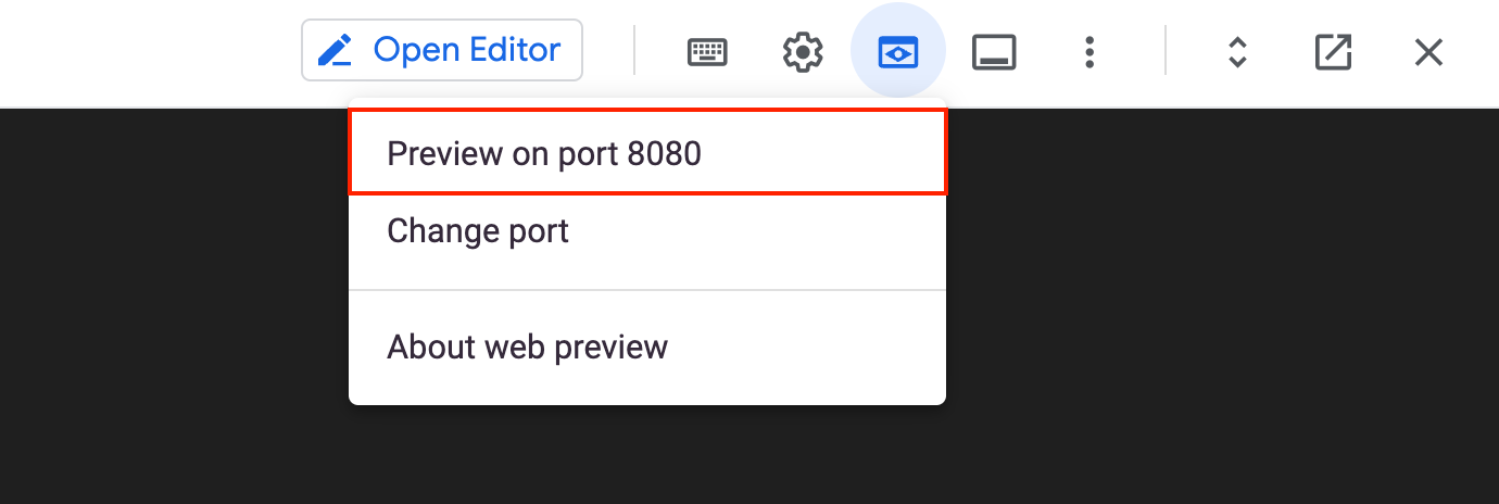 Preview on port 8080 option selected on the expanded web preview menu