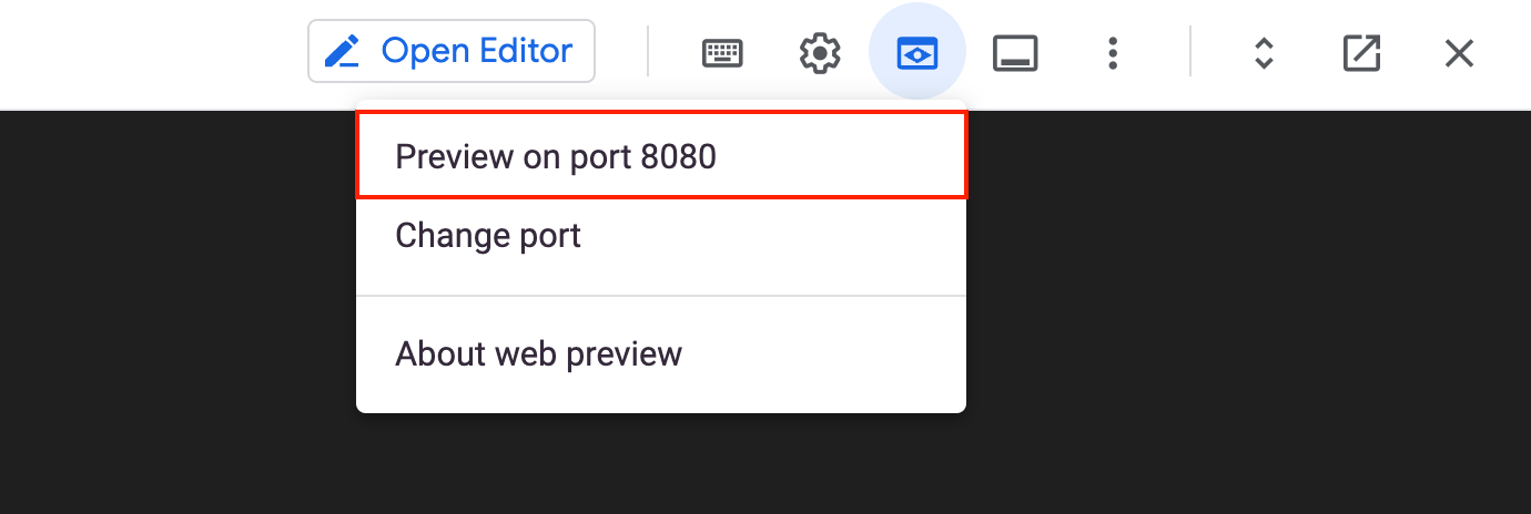 Opcja podglądu na porcie 8080 wybrana w rozwiniętym menu podglądu w przeglądarce