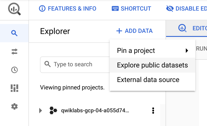 Expanded Add Data dropdown menu with Explore public datasets option highlighted
