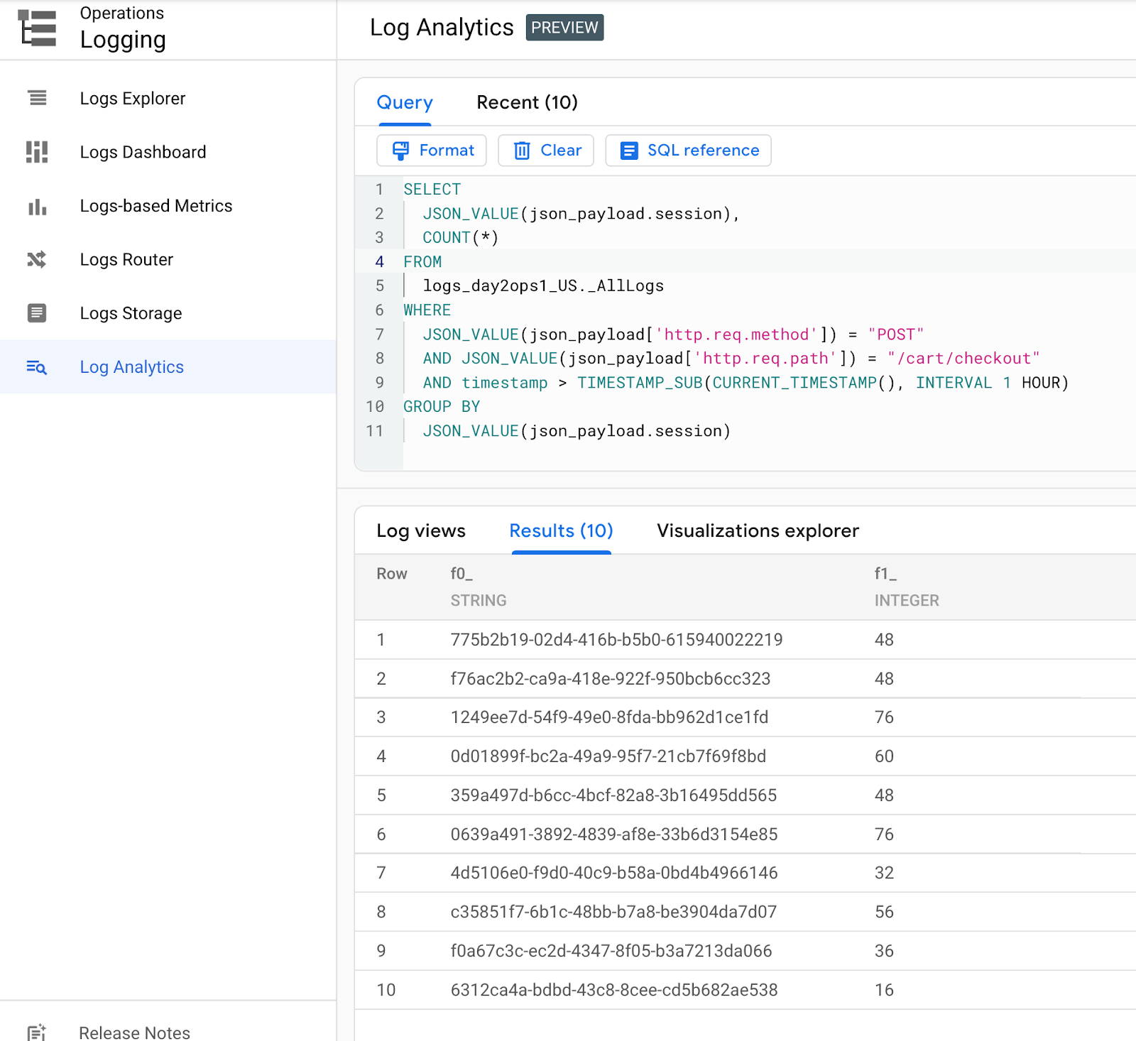query result for shopping cart checkout