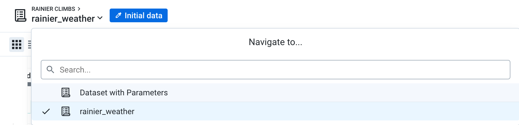 rainier_weather dropdown menu displaying Dataset with Parameters option