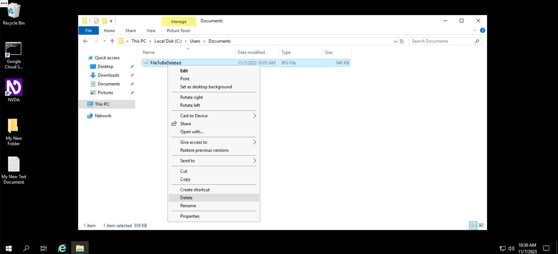 Screenshot of File Explorer in the "Documents" folder. Within the folder, there is a file called "File to be deleted". The cursor has opened the right-click / context menu and has highlighted the "Delete" option.
