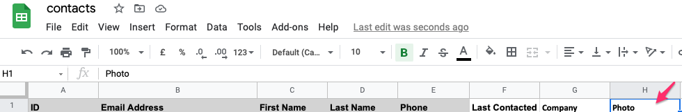 The Contacts sheet, with the highlighted Photo column title.