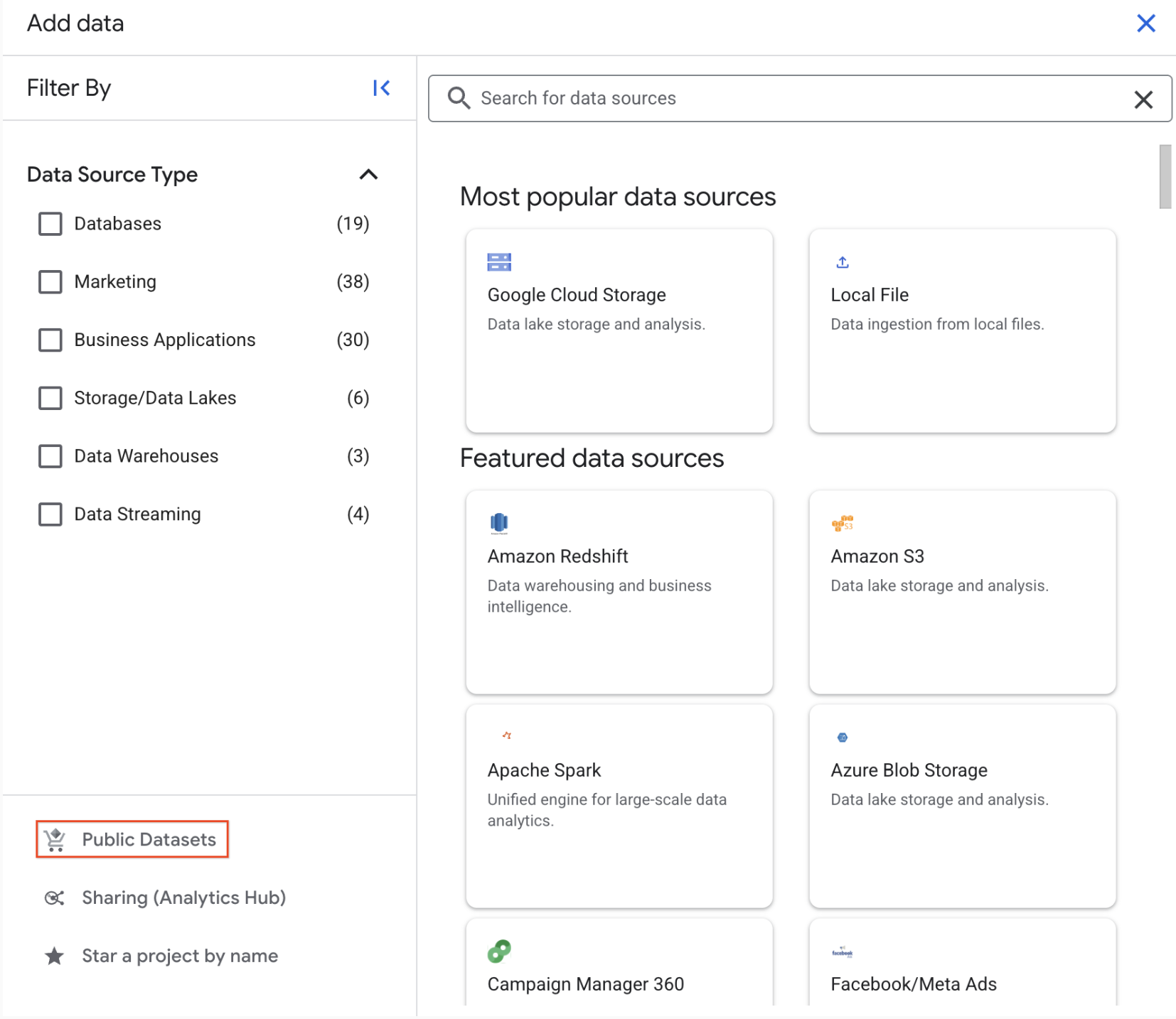 Expanded Add Data dropdown menu with Explore public datasets option highlighted