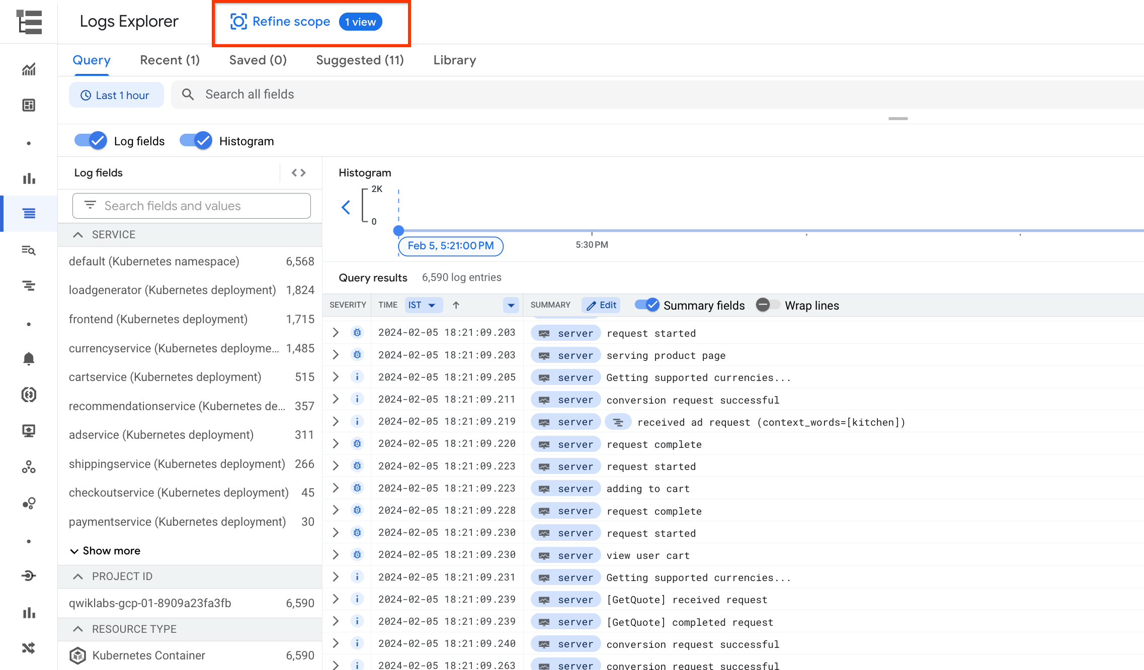 types de ressources et bouton &quot;affiner le champ d&#39;application&quot; mis en évidence