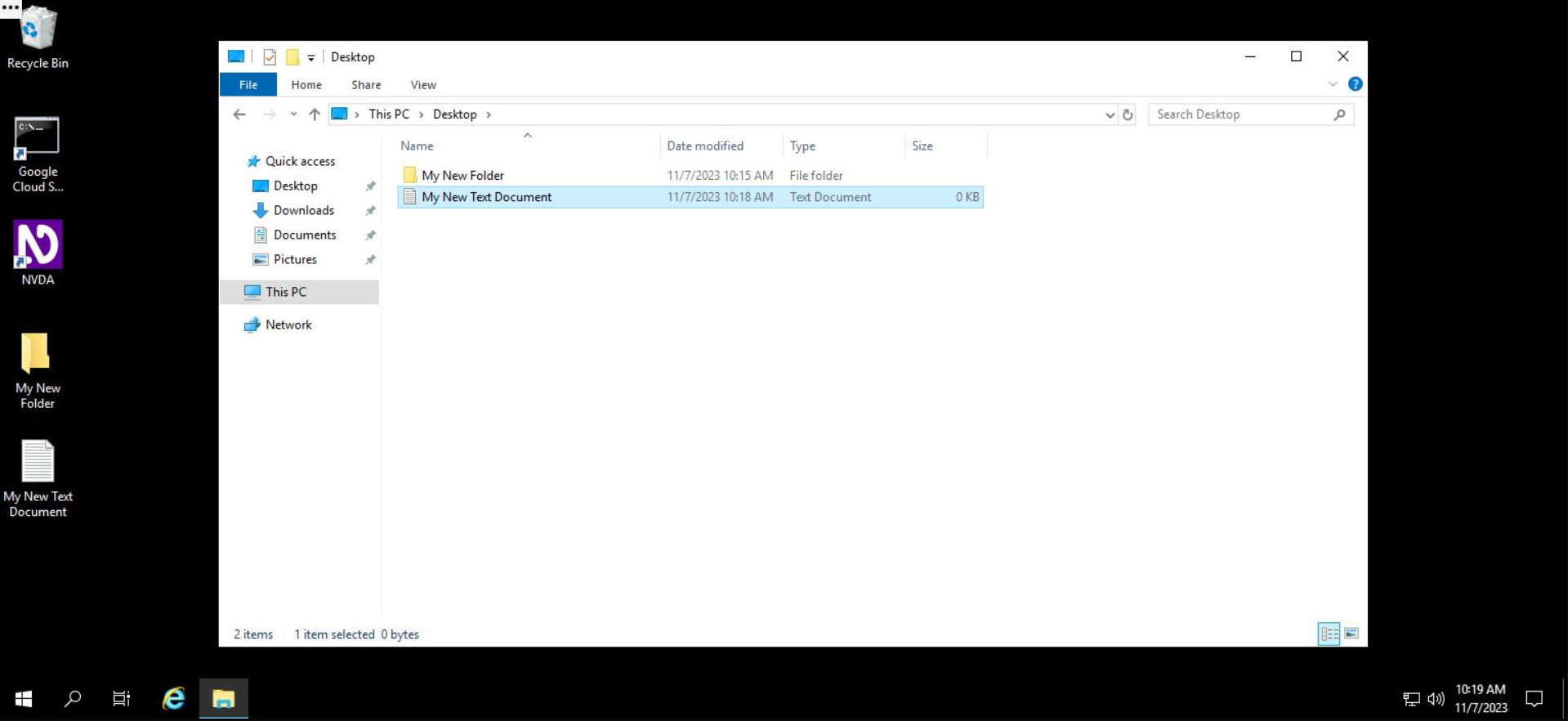 Screenshot of a Windows desktop, open to File Explorer. Within File Explorer, there is a text document file called "My New Text Document", which is stored on Desktop of This PC.