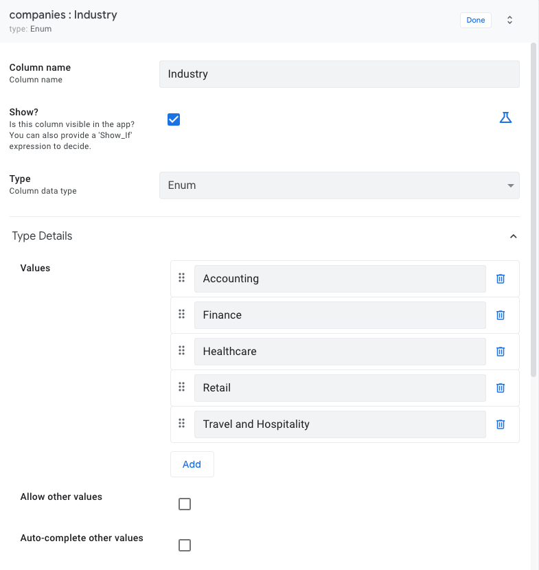 The list of industry enum values