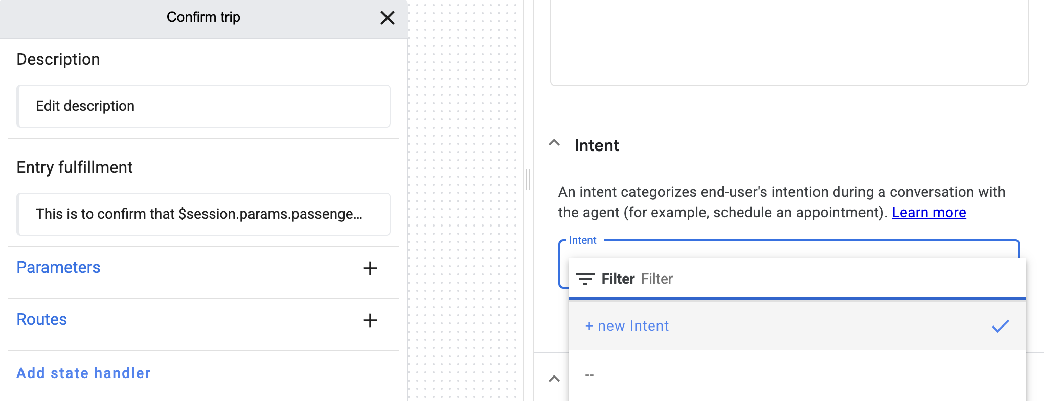 Intent drop-down menu with + new intent option highlighted