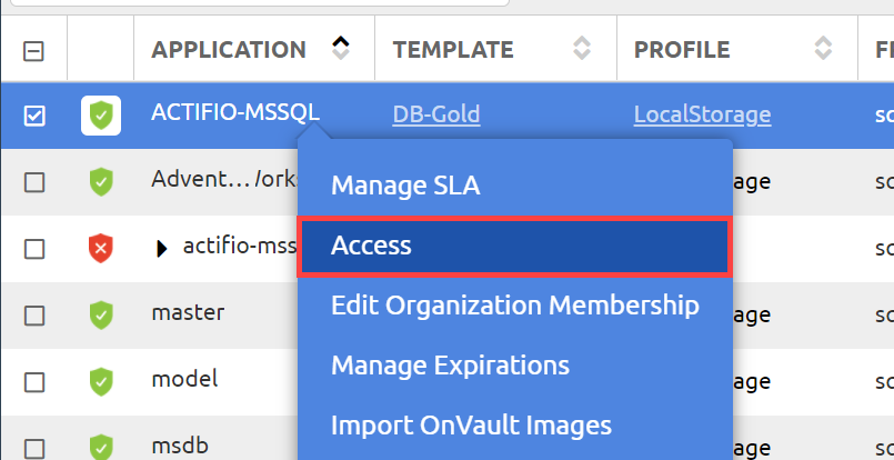 The highlighted Access option within the ACTIFIO-MSSQL drop-down menu.