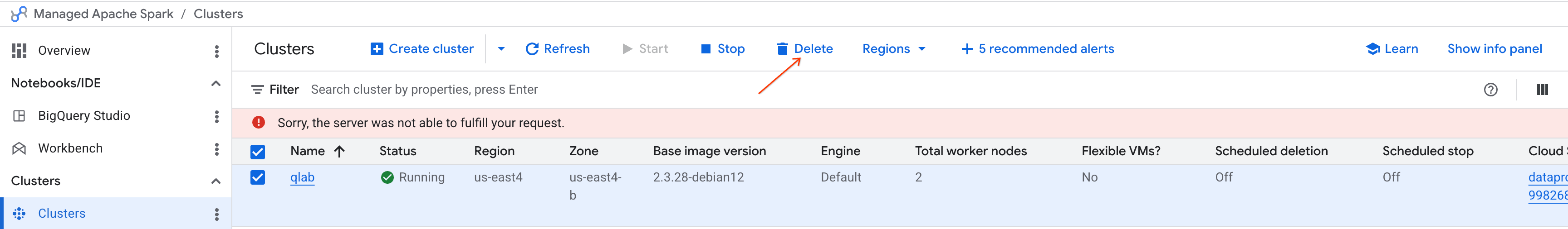 The Clusters page with the delete button highlighted