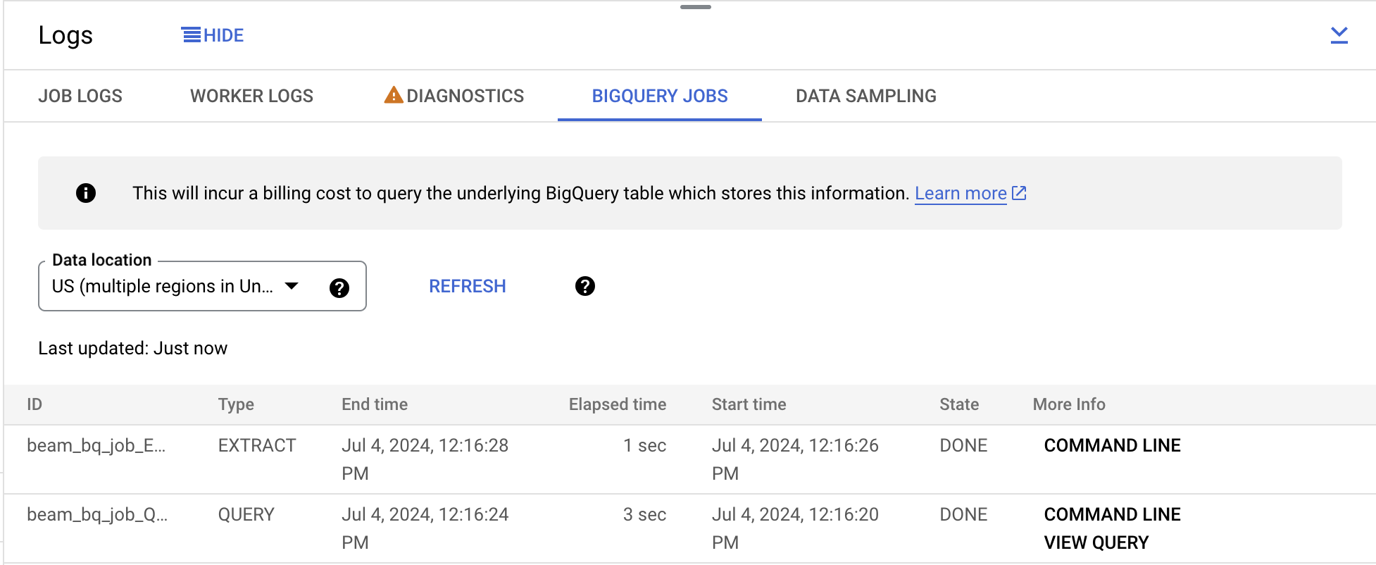 [BigQuery のジョブ] タブのページ