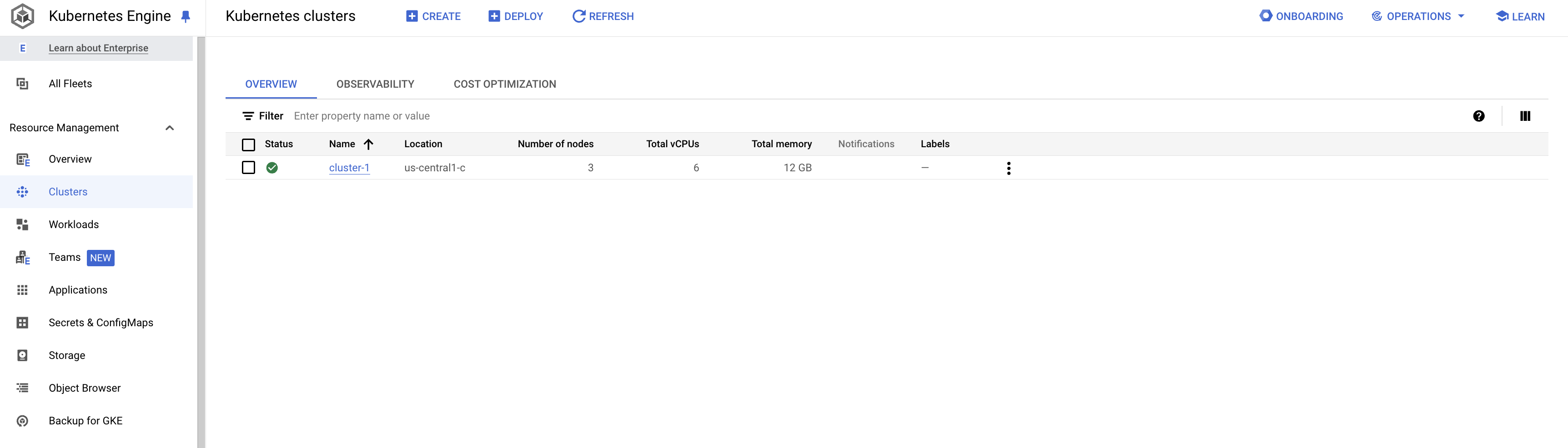 Kubernetes clusters page