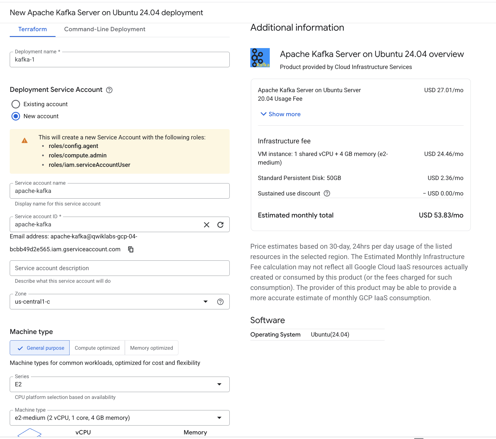The completed Deployment name and Zone fields, as well as the machine type description.