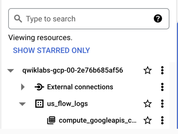 Explorer-Bereich mit Suchfeld, angepinnten Projekten und der Tabelle unter dem Dataset „us_central_flow_logs“.