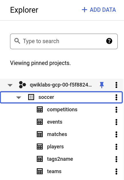 The Explorer  listing the pinned project, which includes the highlighted soccer dataset and its tables.