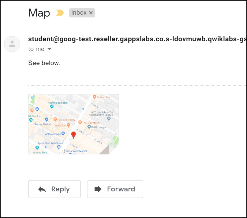 Email message sent by the script, the subject is "Map" and the message body has a map.
