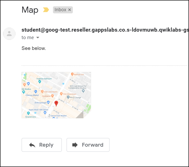 スクリプトによって送信されたメールのメッセージ。件名が「Map」で本文に地図がある。