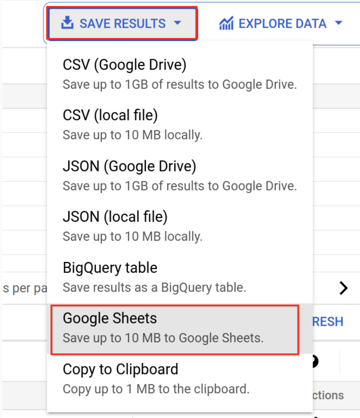The expanded Save Results dropdown menu