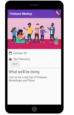 The Firebase Meetup page displaying the date, locaton, and itinerary, as well as the RSVP button