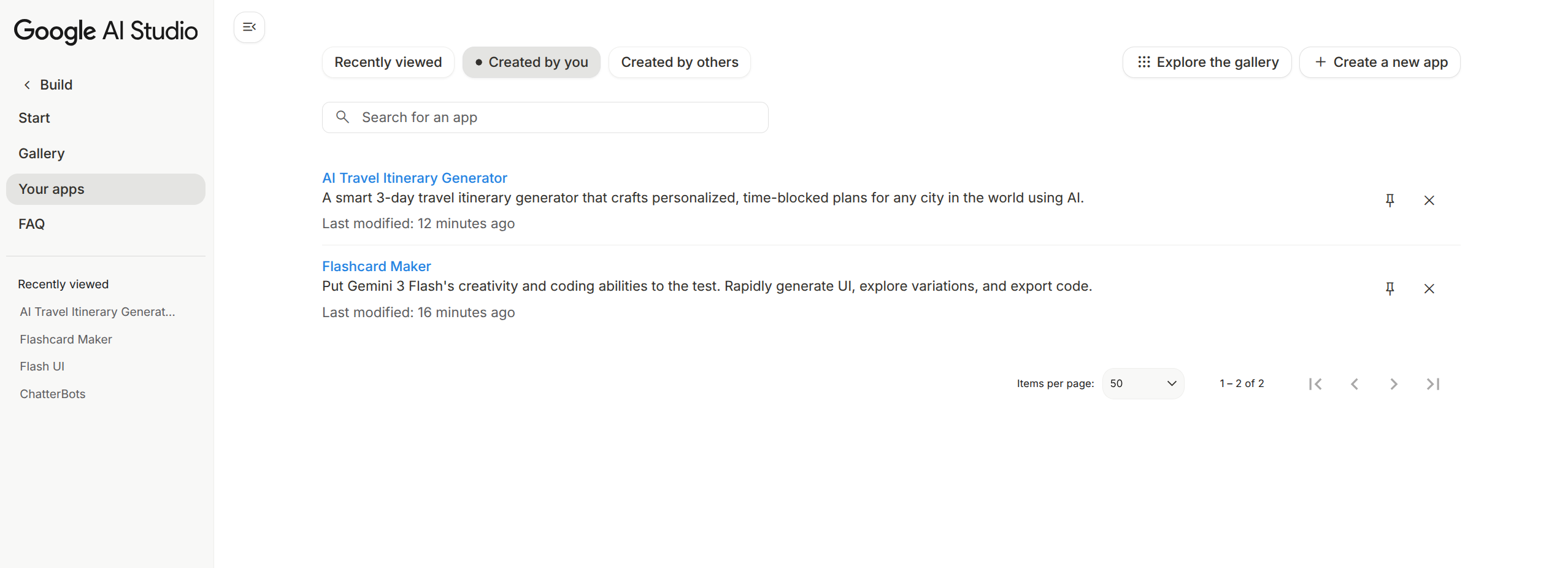Application prototypes view