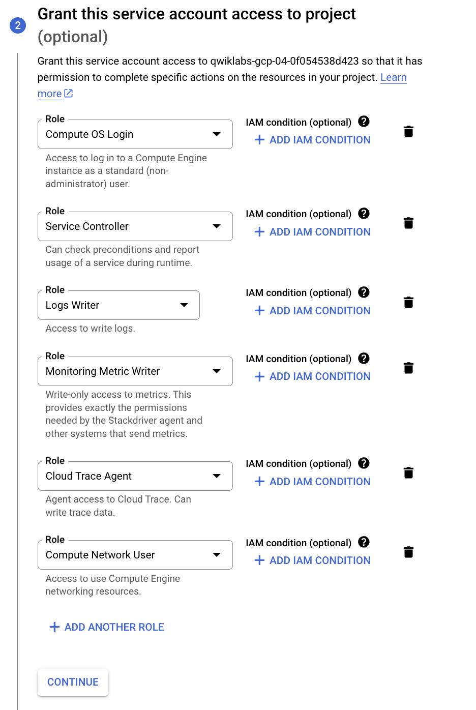 The Grant this service account access to project page, with the aformentioned roles displayed.