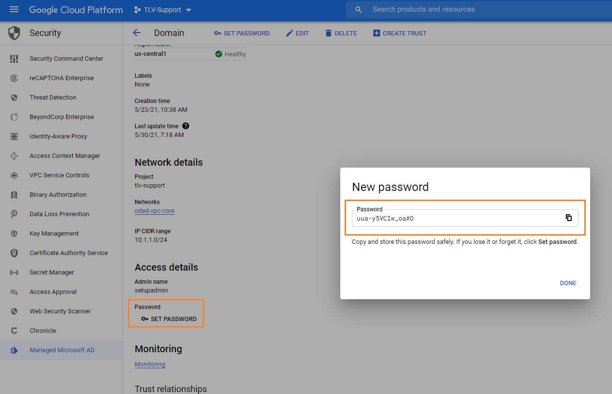 The Access details section, which includes the highlighted password.