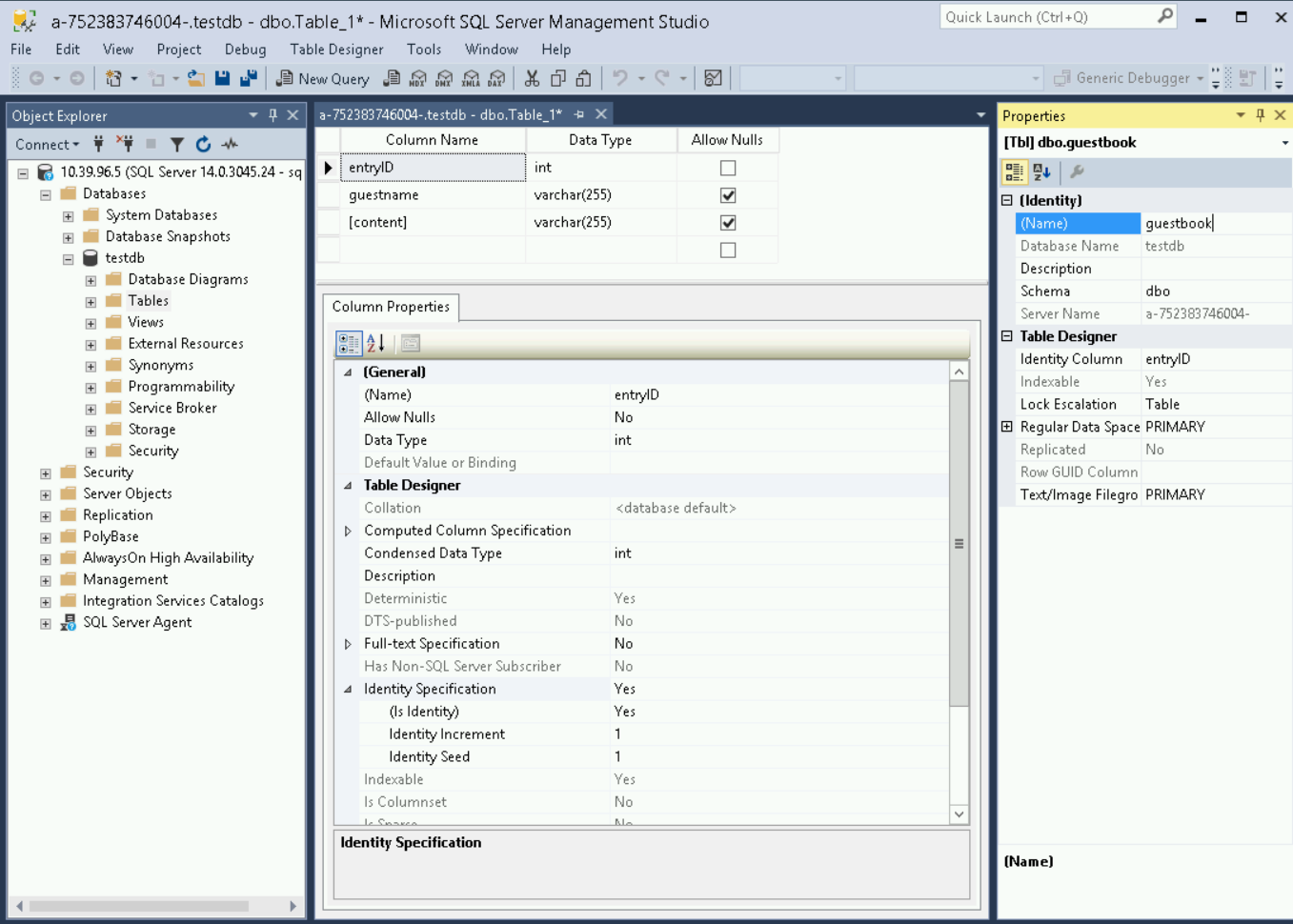 SSMS Properties panel