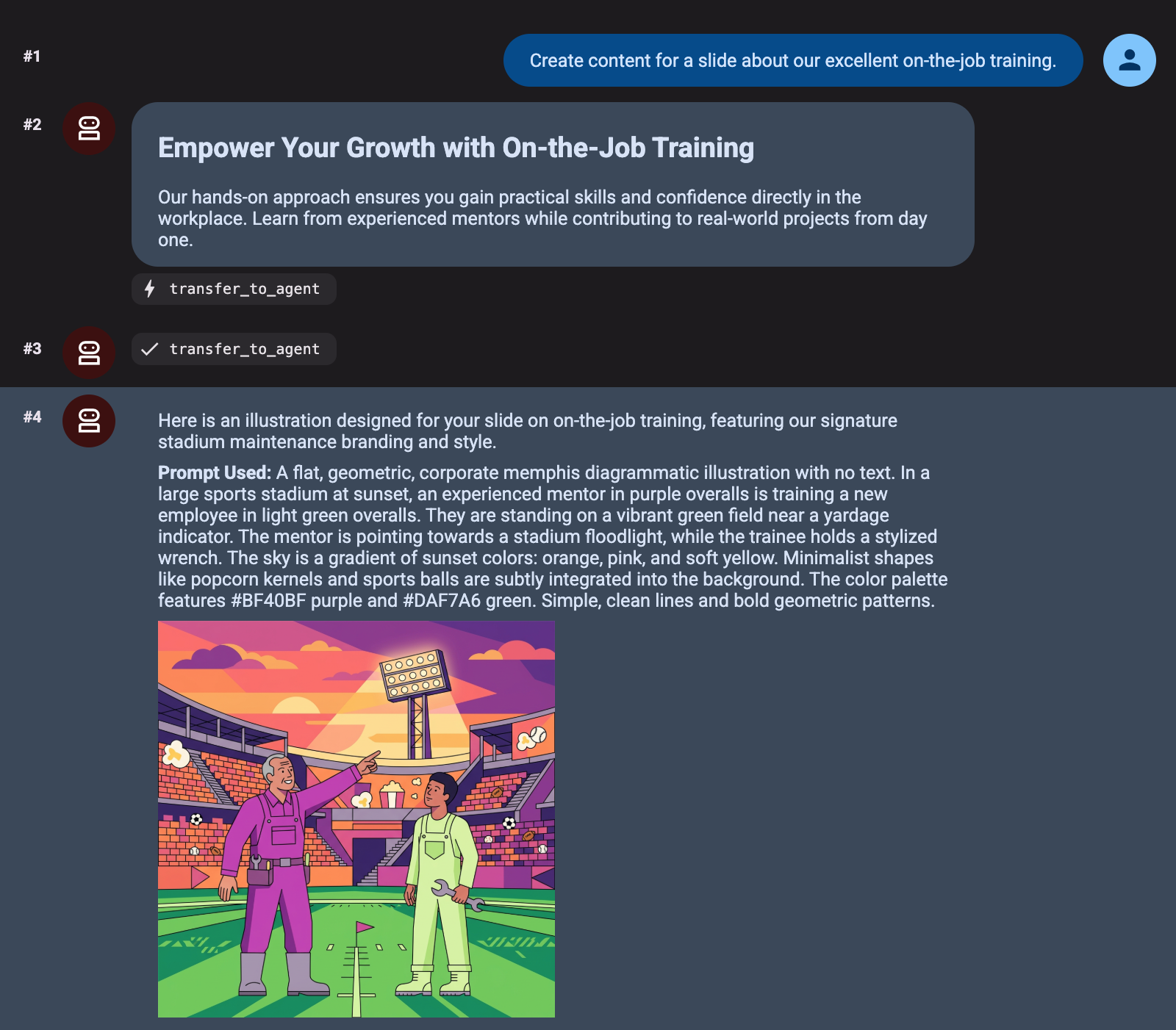 The agent generates text, then transfers to the illustration_agent to generate an image.