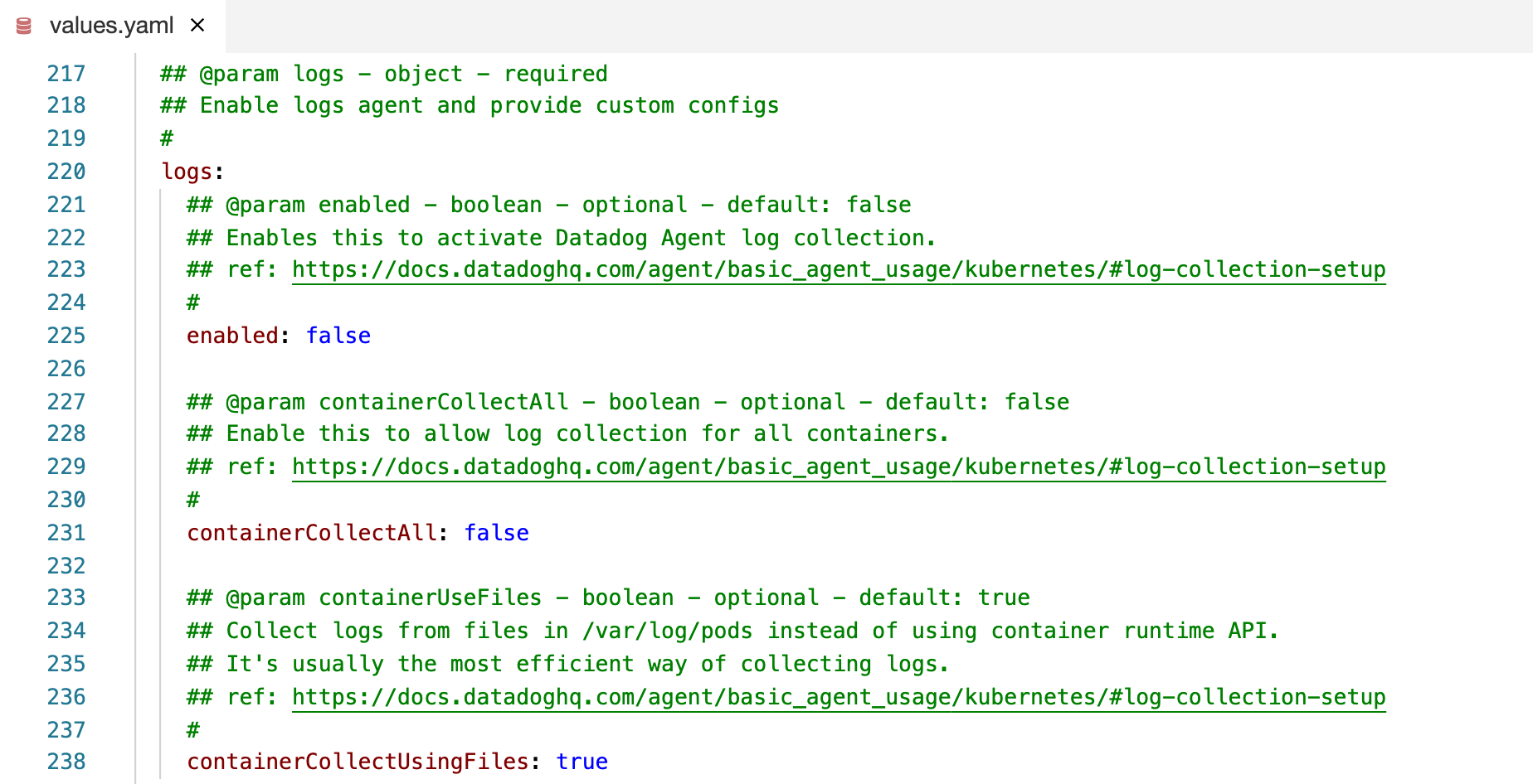 The values.yaml files displaying lines of code from line 217 to line 238