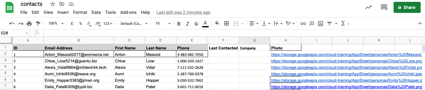 The contacts spreadsheet with six rows of data.