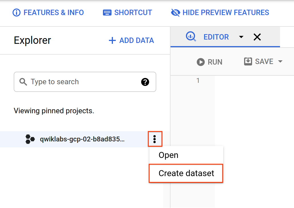Highlighted Create dataset option in the Explorer section