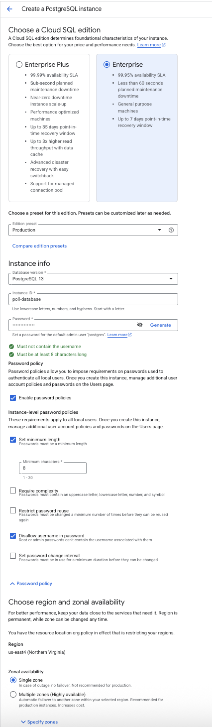 The Create a PostgreSQL instance dialog box