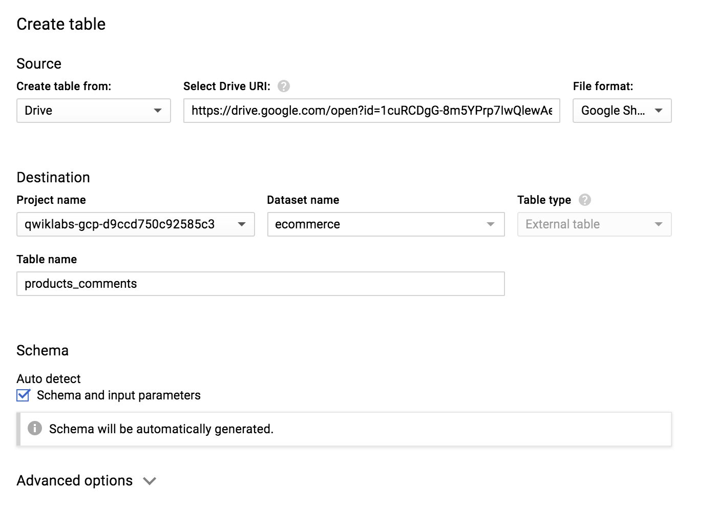 The Create table dialog