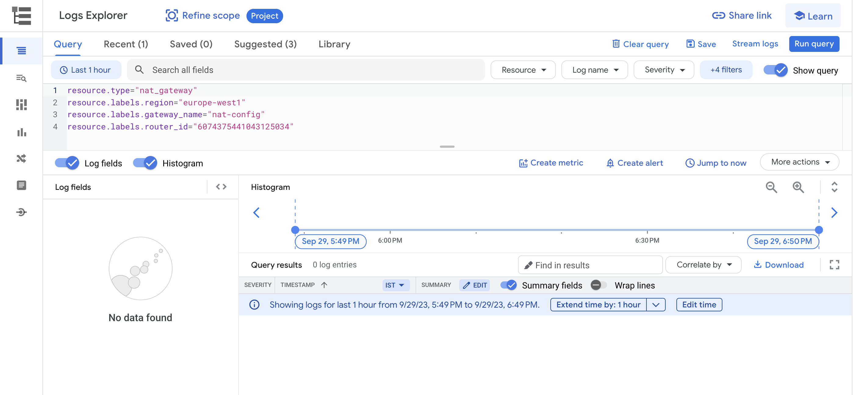 Cloud Logging page with the Project ID and the Cloud NAT Gateway highlighted