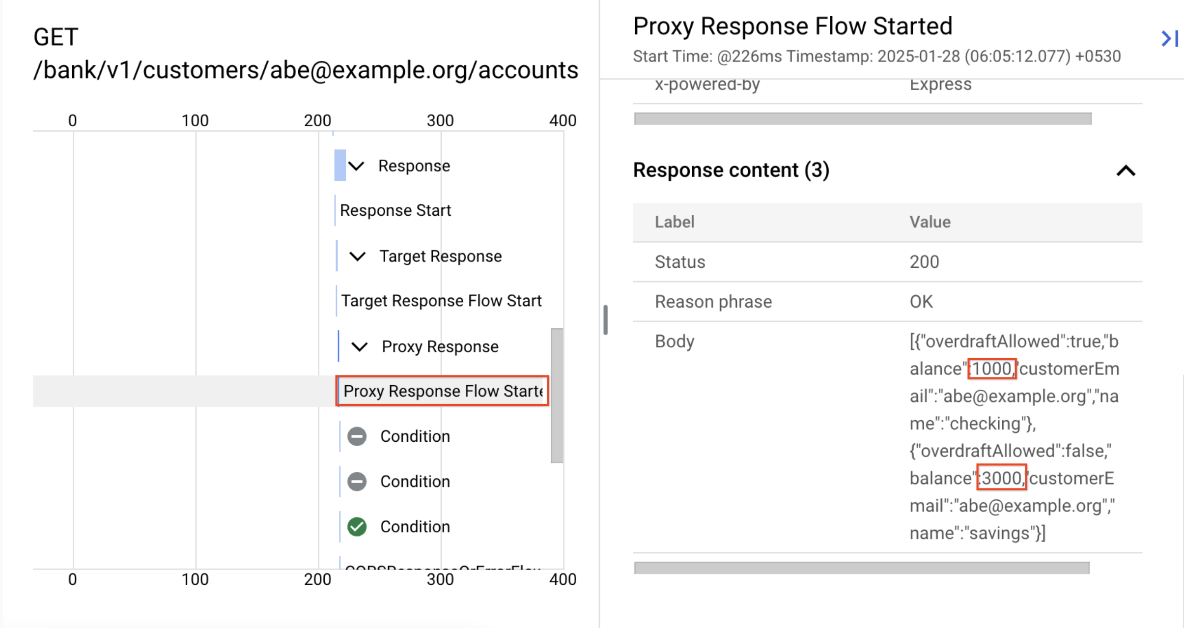 The highlighted backend toggle within the Transaction Map category, along with the highlighted body text in the Response Content.