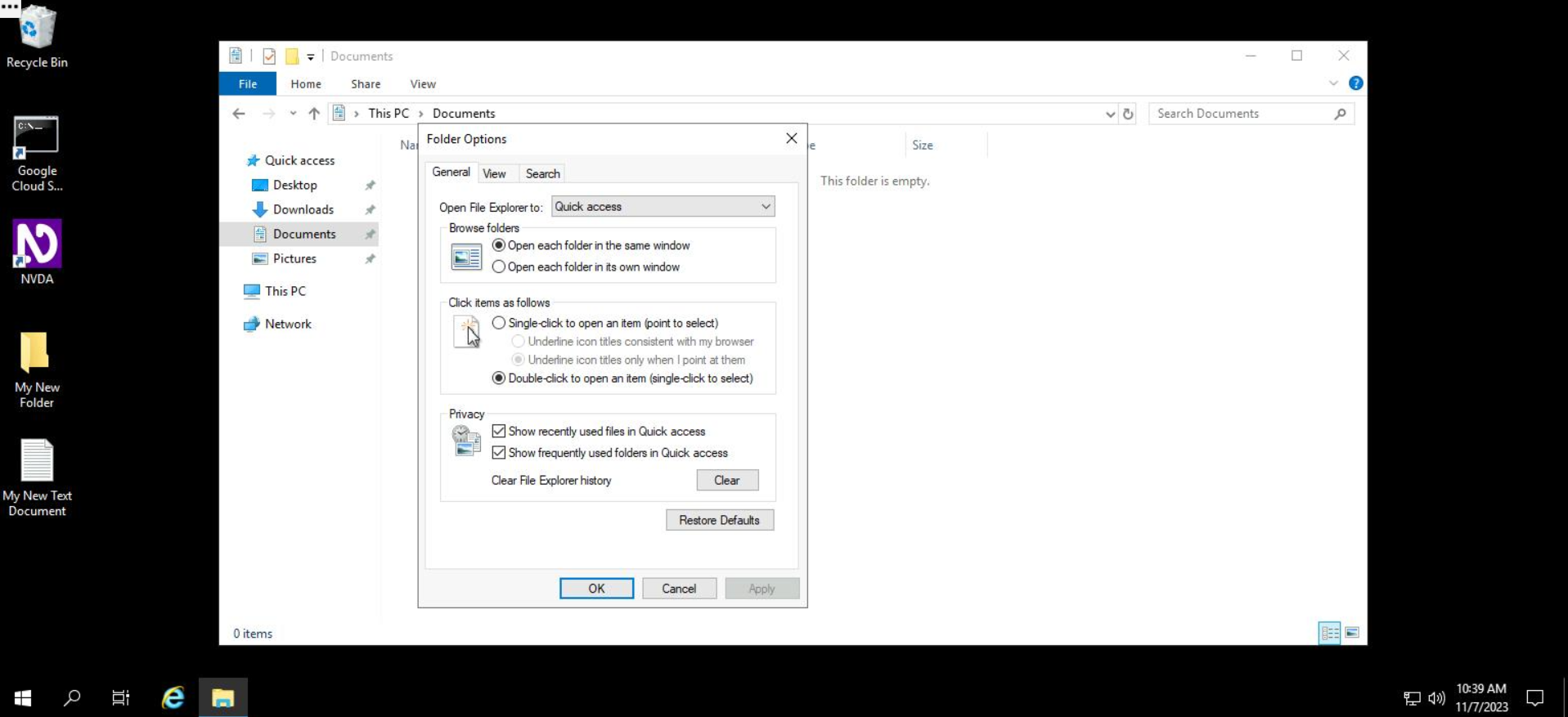 Screenshot of the Folder Options menu in File Explorer. There are three tabs to the menu -- General, View, and Search. The default view upon opening the menu is the General tab.