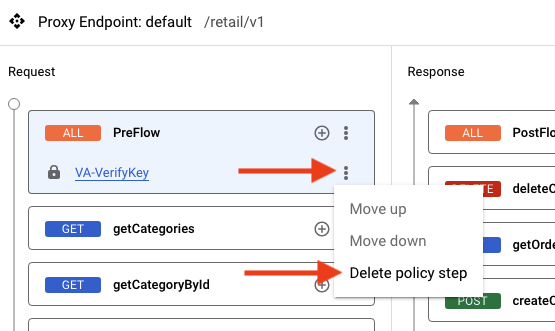 Select Policy step actions for VA-VerifyKey and click Delete policy step