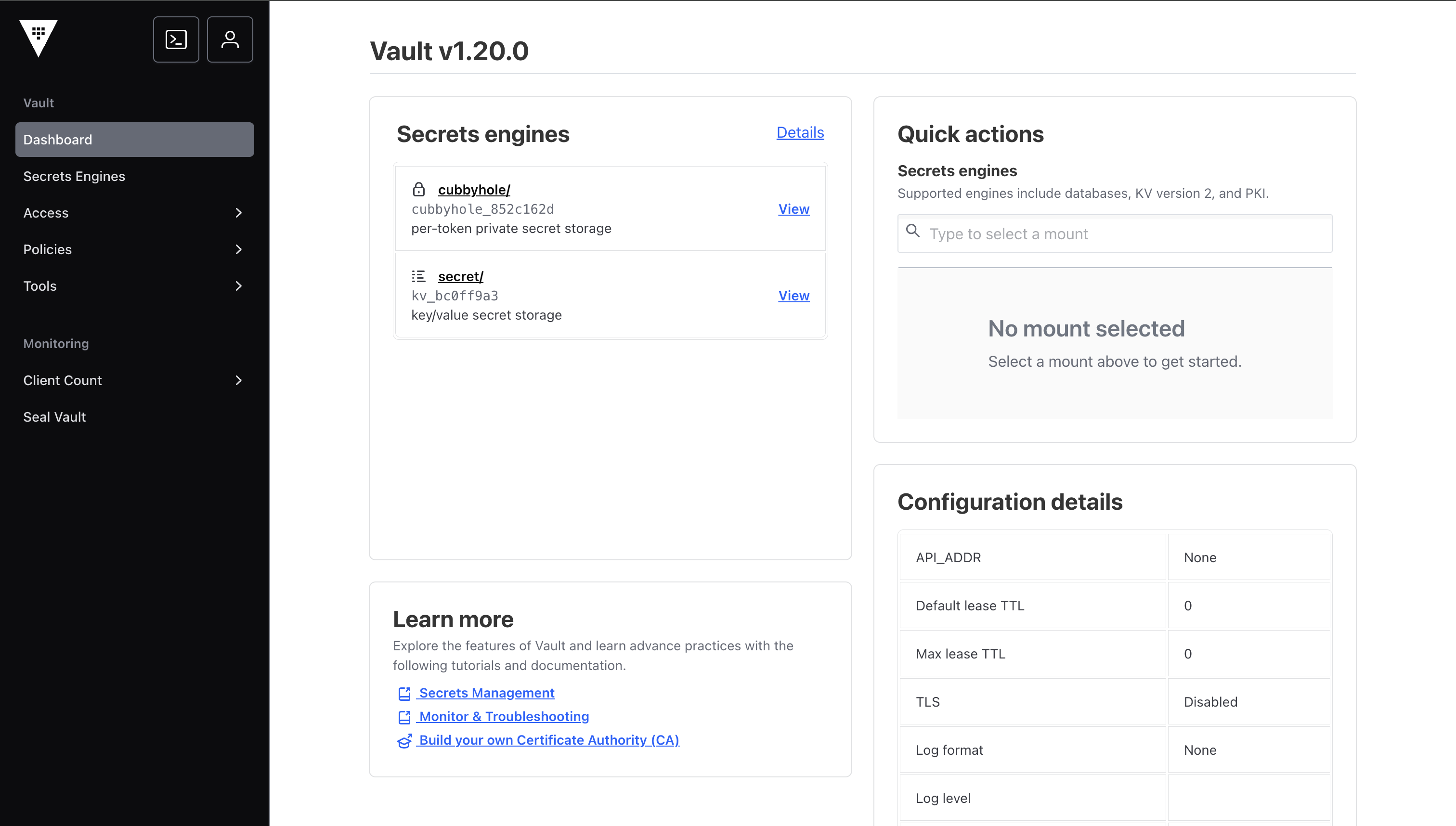 Secret Engines page, which includes the cubbyhole/ and secret/ listed, along with an Enable new engine button.